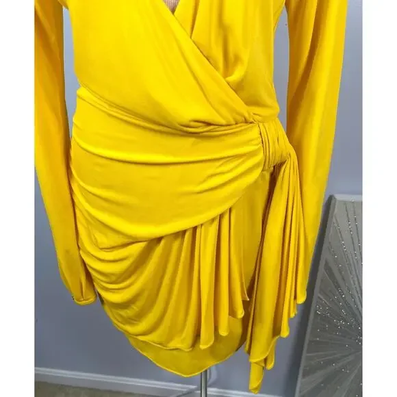 Dundas Yellow Beau Faux Wrap Long Sleeve Plunging V Neck Mini Dress Size 2 - Picture 9 of 13